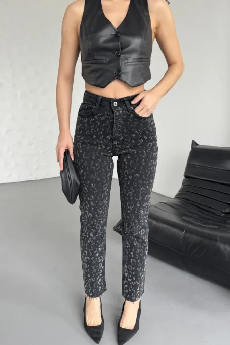 Leopar Taşlı Mom Fit Kot Pantolon 7089-23-(26-31) Leopar Taşlı Mom Fit Kot Pantolon 7089-23-(26-31)