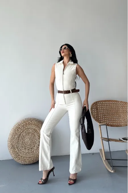 Kuplu Kolsuz Fermuarlı Kot Tulum 3013-80-(S-XL)