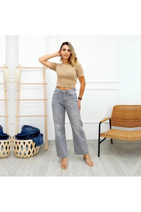 Wide Leg High Waisted Relaxed Jean  718-22-(26-31) Light Grey Denim