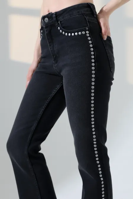 Zımba Taşlı İspanyol Mom Fit Kot Pantolon  7192-23-(26-31)