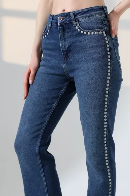 Zımba Taşlı İspanyol Mom Fit Kot Pantolon  7192-01-(26-31)