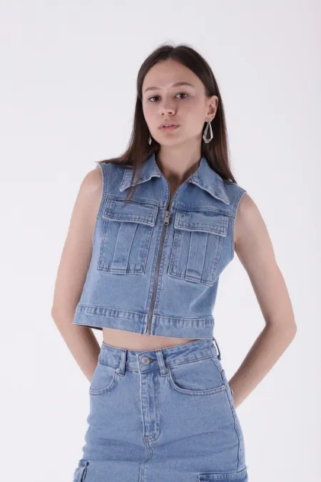 Mini Denim Vest with Zipper 6018-15-(XS-XL-5) Light Blue Denim Mini Denim Vest with Zipper 6018-15-(XS-XL-5) Light Blue Denim