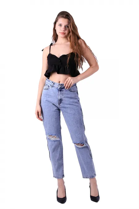 Yanı Fermuarlı Mom Kot Pantolon  717-08-(27-32)