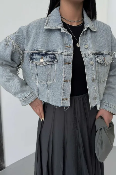 Short Oversize Denim Jacket with Rhinestones 6084-08-(S-XL-6) Snow Light Blue Short Oversize Denim Jacket with Rhinestones 6084-08-(S-XL-6) Snow Light Blue