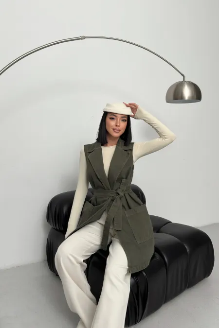 Belted and Cross Over Collar Denim Vest 6137-67-(S-XL) Khaki