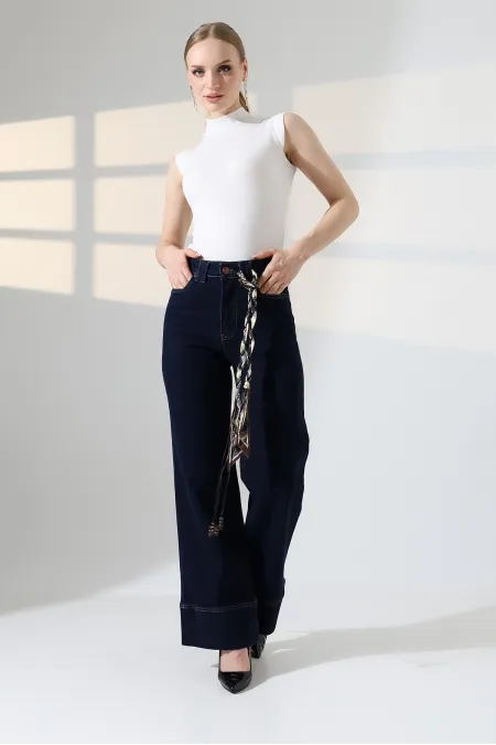 Palazzo Jeans with Hem Detail 7164-17-(27-32) Slubbed Navy Blue Palazzo Jeans with Hem Detail 7164-17-(27-32) Slubbed Navy Blue