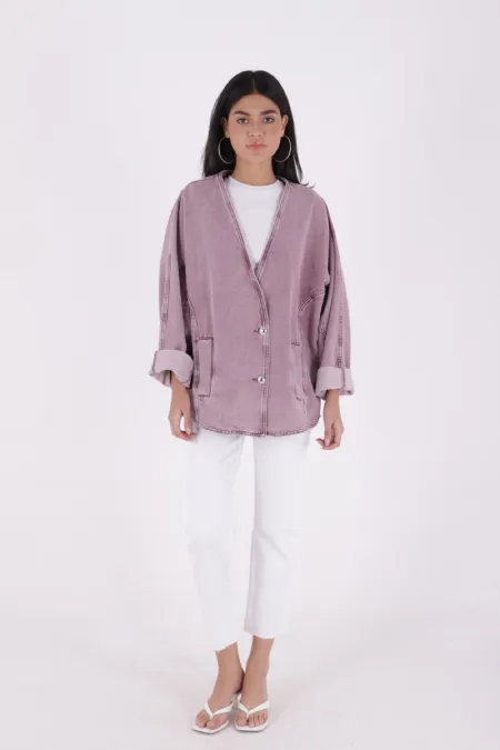 Oversize Denim Jacket with Batwing Sleeves 6059-84-(STD-4) Powder Pink Oversize Denim Jacket with Batwing Sleeves 6059-84-(STD-4) Powder Pink
