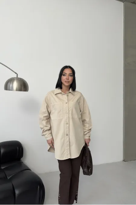 Oversize Denim Jacket with Buttons  6080-65-(S-L-3) Stone