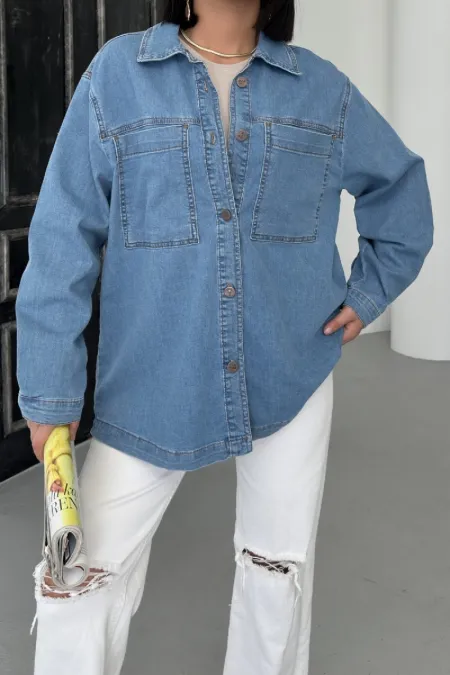 Denim Shirt with Pockets 6097-27-(S+L+3) Rinsed Blue