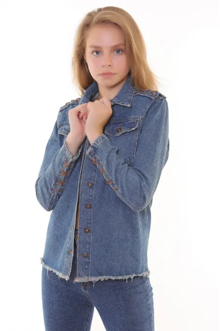 Tasseled Ending Denim Jacket with Lace-up Sleeve 618-62-(S-XL) Middle Blue - Tinted Tasseled Ending Denim Jacket with Lace-up Sleeve 618-62-(S-XL) Middle Blue - Tinted