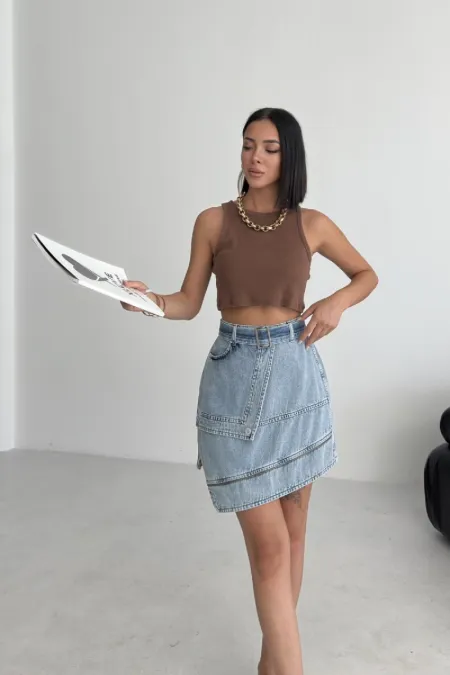 Ripped Denim Skirt with Denim Belt and Decorative Zipper 117-14-(36-42-6-2) Light Blue and Tinted