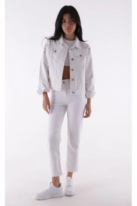 Classic Short Denim Jacket with Decorative Pieces on Shoulders 6076-50-(S-XL-6) White Classic Short Denim Jacket with Decorative Pieces on Shoulders 6076-50-(S-XL-6) White