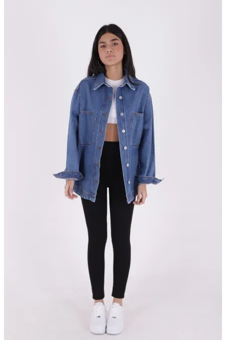 Oversize Denim Jacket with Octagonal Pocket and Stitching Detail 6069-15-(S+L+4) Light Blue Denim Oversize Denim Jacket with Octagonal Pocket and Stitching Detail 6069-15-(S+L+4) Light Blue Denim