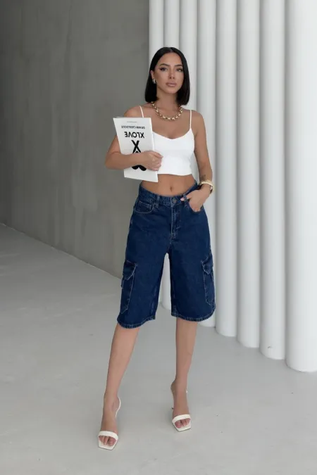 Mid Length Denim Shorts with Pocket Detail 2026-26-(36-42-6) Regular Dark Blue