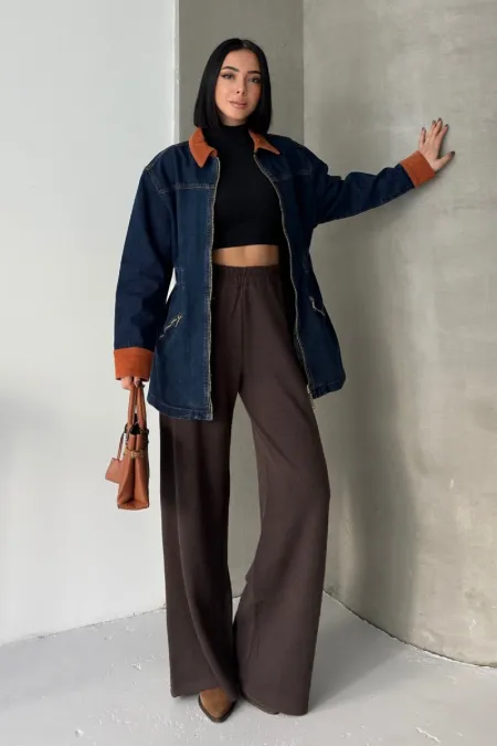 Velvet Piece Detailed Zippered Denim Jacket 6129-26-(S-XL) Regular Dark Blue