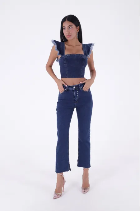 Paçası Yırtmaçlı Serpme Detaylı Mom Fit Jean  1769-26-(28-33)