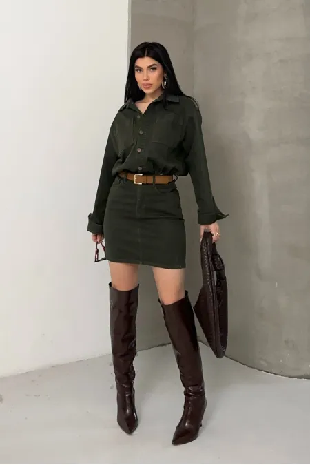Düğmeli Mini Kot Elbise 3027-97-(S-L-3) Düğmeli Mini Kot Elbise 3027-97-(S-L-3)