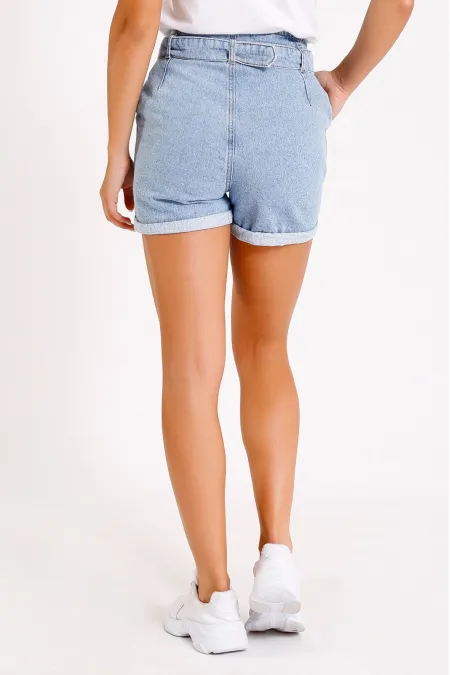 Pleated Denim Short with Denim Belt 222-42-(S-XL-6) Ice Blue - Tinted Pleated Denim Short with Denim Belt 222-42-(S-XL-6) Ice Blue - Tinted