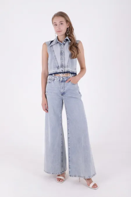 Geniş Saçaklı Paça Peçli Kot Pantolon  7041-14-(27-32)