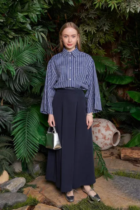 Ruffled Long Linen Skirt HS101-73-(36-42-4) Navy Blue Color Ruffled Long Linen Skirt HS101-73-(36-42-4) Navy Blue Color