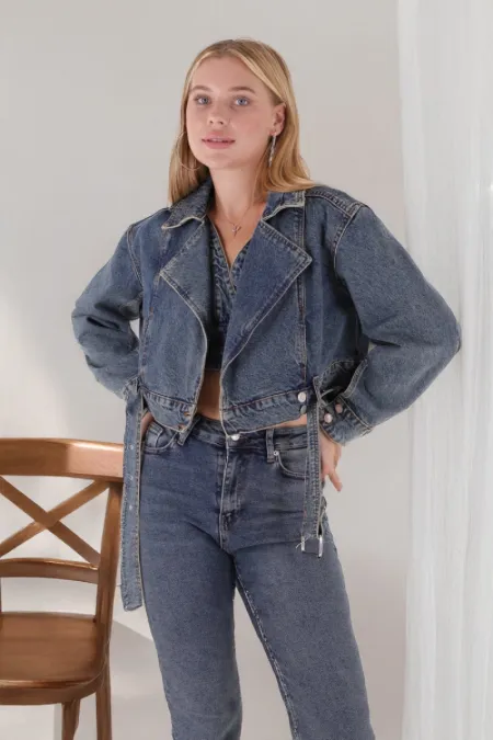 Short Denim Jacket with Belt on Waist 6026-62-(XS-M-5-4) Middle Blue - Tinted Short Denim Jacket with Belt on Waist 6026-62-(XS-M-5-4) Middle Blue - Tinted