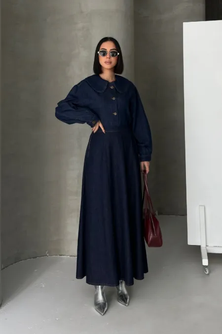 Ruffled Long Skirt with Elasticated Waist 1063-17-(36-44) Slubbed Navy Blue