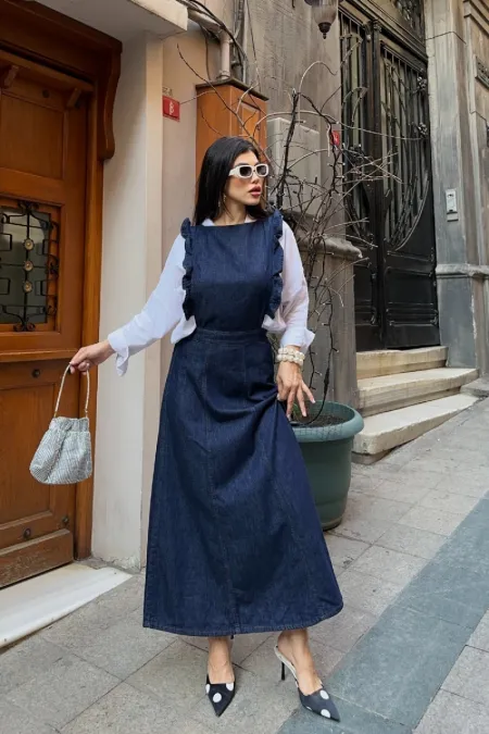 Omuzu Volanlı Fermuarlı Kot Elbise 3036-17-(S-XL) Omuzu Volanlı Fermuarlı Kot Elbise 3036-17-(S-XL)