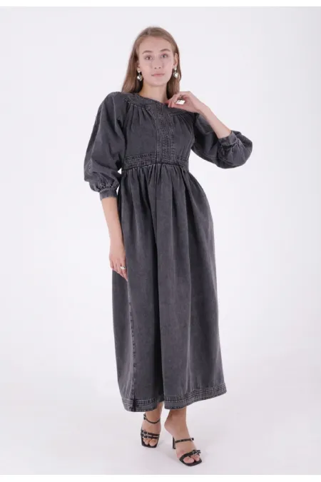 Omuzları Pileli Uzun Kot Elbise 3025-40-(S-M-5) Omuzları Pileli Uzun Kot Elbise 3025-40-(S-M-5)