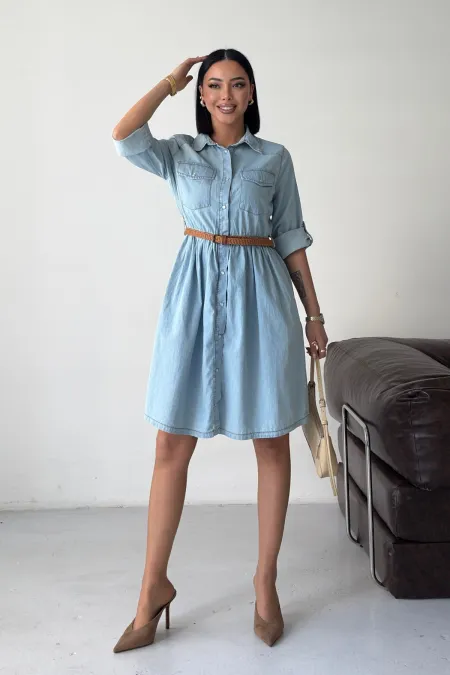Büzgü Detaylı Kısa Kot Elbise  3040-42-(S-XL)