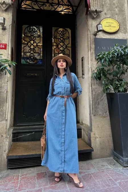 Düğmeli Uzun Elbise 3039-27-(S-XL) Düğmeli Uzun Elbise 3039-27-(S-XL)
