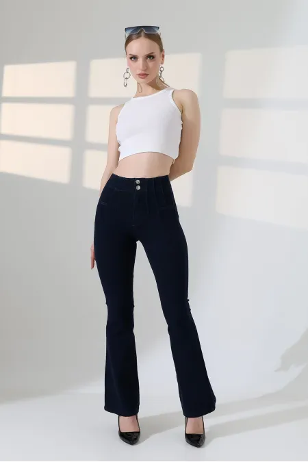 Flared Jeans with Darts on Front Waist  7021-13-(27-32) Dark Navy Blue