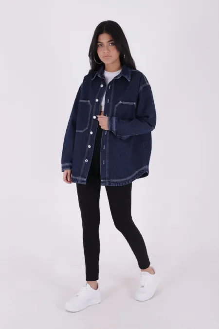 Oversize Denim Jacket with Octagonal Pocket and Stitching Detail 6069-17-(S+L+4) Slubbed Navy Blue Oversize Denim Jacket with Octagonal Pocket and Stitching Detail 6069-17-(S+L+4) Slubbed Navy Blue