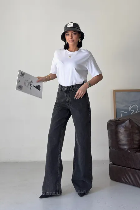 Wide Leg High Waisted Relaxed Jean  718-33-(27-32) Snow Anthracite
