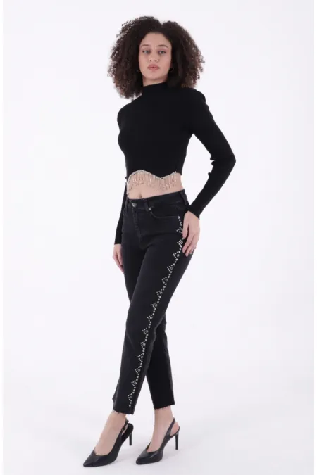 Yanları Droplı Mom Fit Kot Pantolon  7039-23-(28-33)