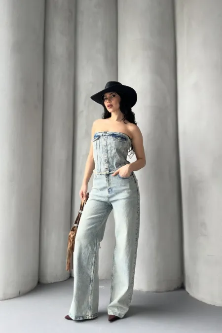 Straplez Önü Düğmeli Kot Tulum 3023-42-(XS-L-6)