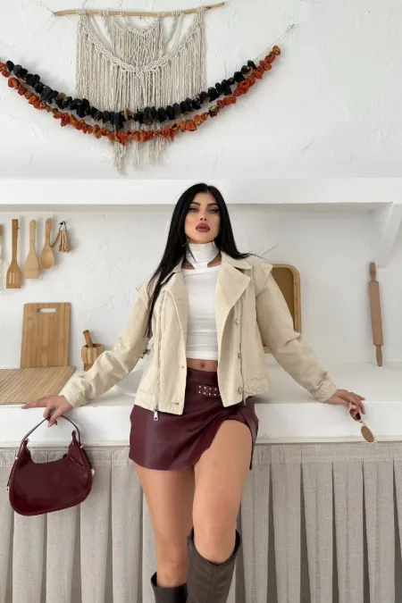 Zipper Detail Denim Jacket 6141-65-(S-L-3) Stone