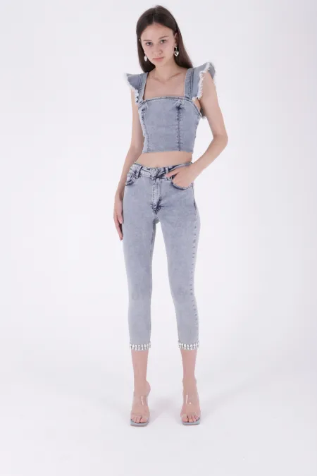 Paçası Taşlı Skinny Kot Pantolon  7037-08-(26-31)