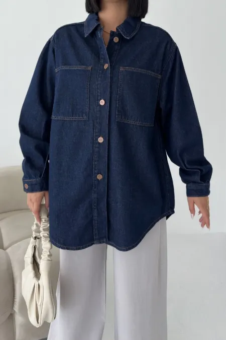 Oversize Denim Jacket with Buttons  6080-17-(S-L-3) Slubbed Navy Blue
