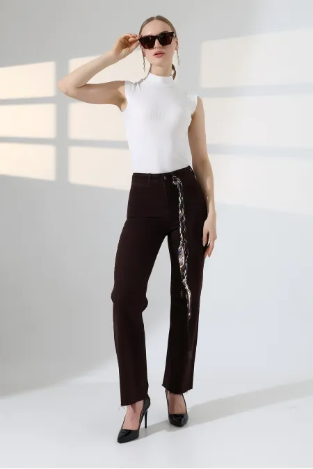 Wide Leg Palazzo Relaxed Jean with Decorative Front Pockets  1710-78-(30-36) Brown