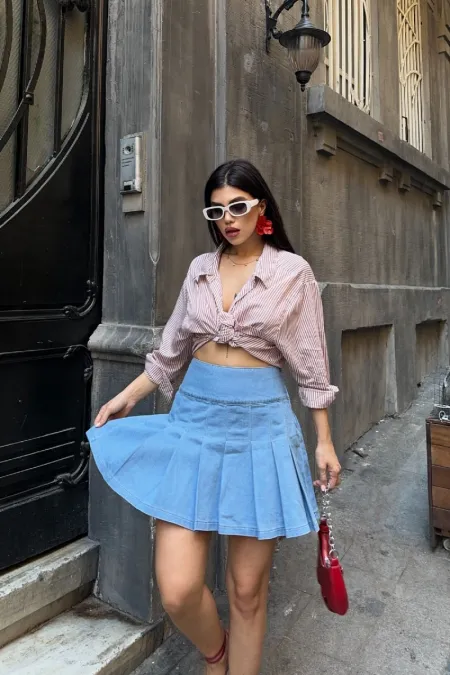 Pleated Mini Denim Skirt 1085-25-(36-42-4) Middle Blue