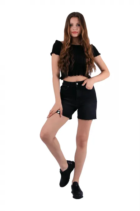 Basic Denim Short with Fringe Ending 264-03-(S-XL-6) Anthracite Denim Basic Denim Short with Fringe Ending 264-03-(S-XL-6) Anthracite Denim