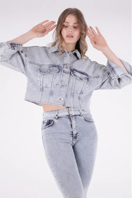 Oversize Short Denim Jacket with Stars and Rhinestones 6005-08-(S-L-5) Snow Light Blue Oversize Short Denim Jacket with Stars and Rhinestones 6005-08-(S-L-5) Snow Light Blue