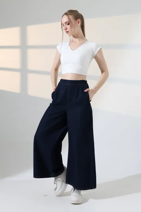 Elasticated Waist Wide Leg Jean  7120-17-(36-42-6) Slubbed Navy Blue