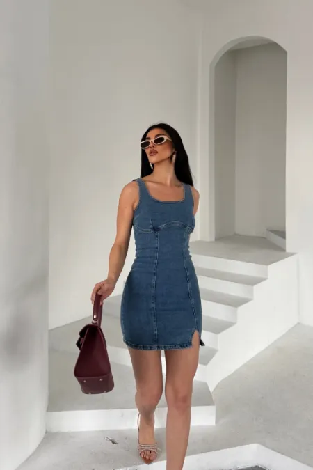Fermuarlı Mini Kot Elbise 3028-27-(XS-L) Fermuarlı Mini Kot Elbise 3028-27-(XS-L)