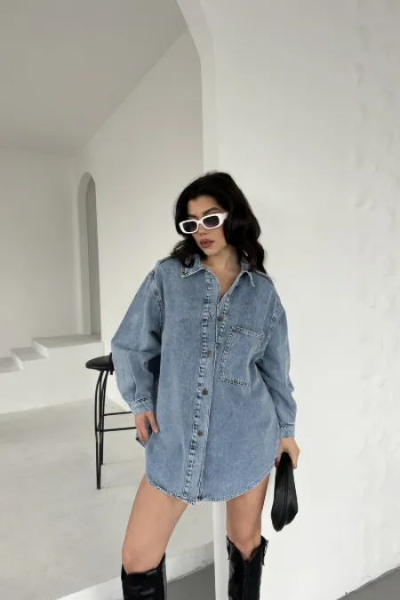 Düğmeli Oversize Kot Gömlek 6080-08-(S+L+3)