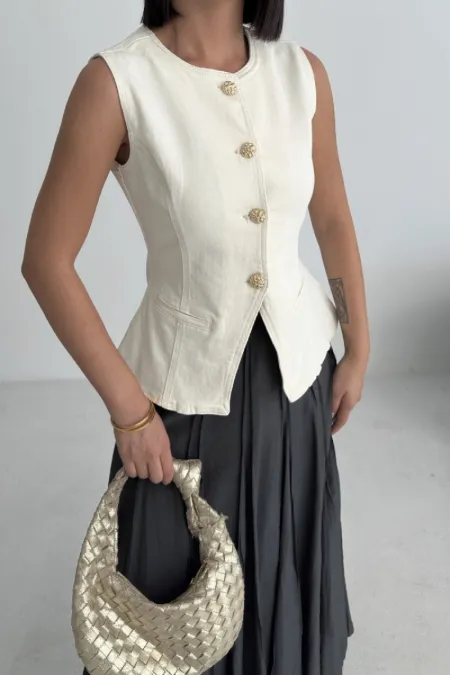 Denim Vest with Slit Front 6086-80-(S-XL) Natural