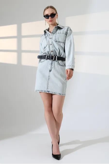 Buttoned Mini Denim Dress 3027-08-(S-L-3) Snow Light Blue