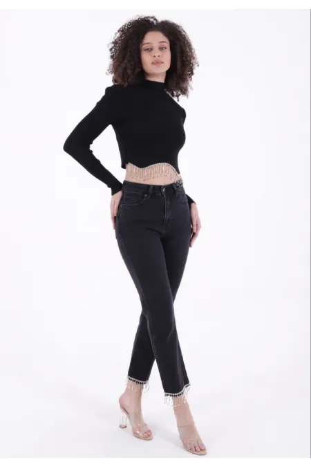Paçasılı Dikişsiz Paça Mom Kot Pantolon  1890-23-(26-31)