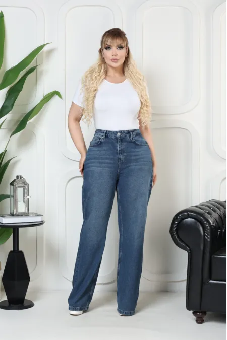 Wide Leg High Waisted Relaxed Jean  718-01-(32-36) Dark Blue Denim
