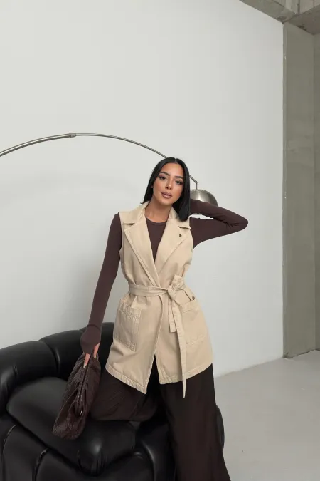 Belted and Cross Over Collar Denim Vest 6137-65-(S-XL) Stone